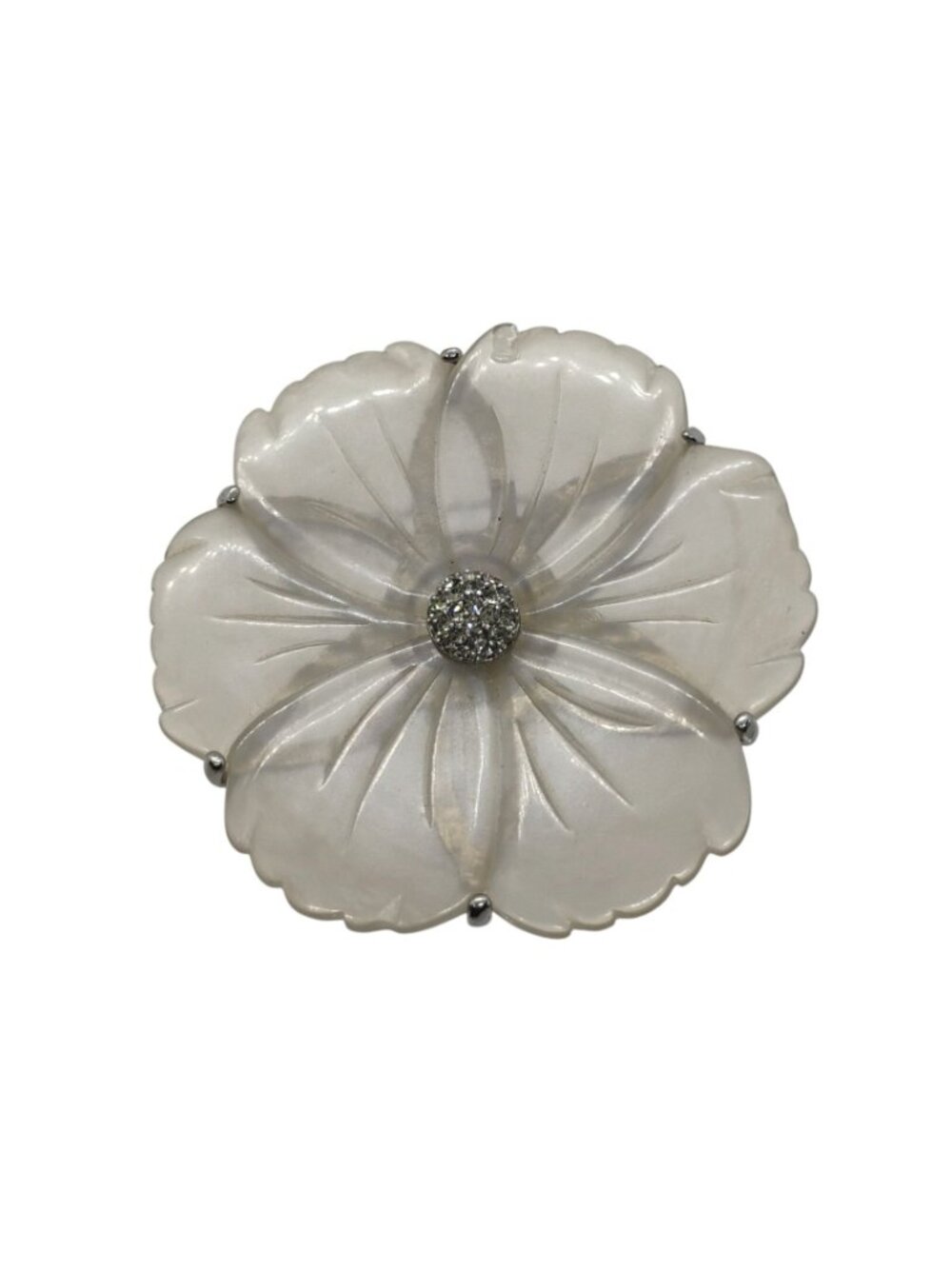 Vtg Large Statement Clear Carved Lucite Flower Brooch w/Rhinestone Center - Picture 2 of 4